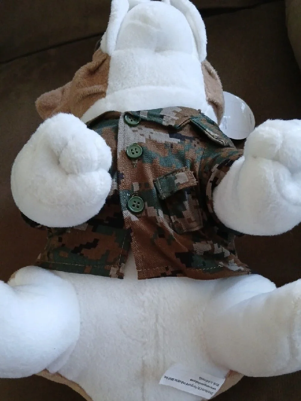 Plush Bulldog Dog Toy in Camouflage Outfit - Brown/Green Chesty
